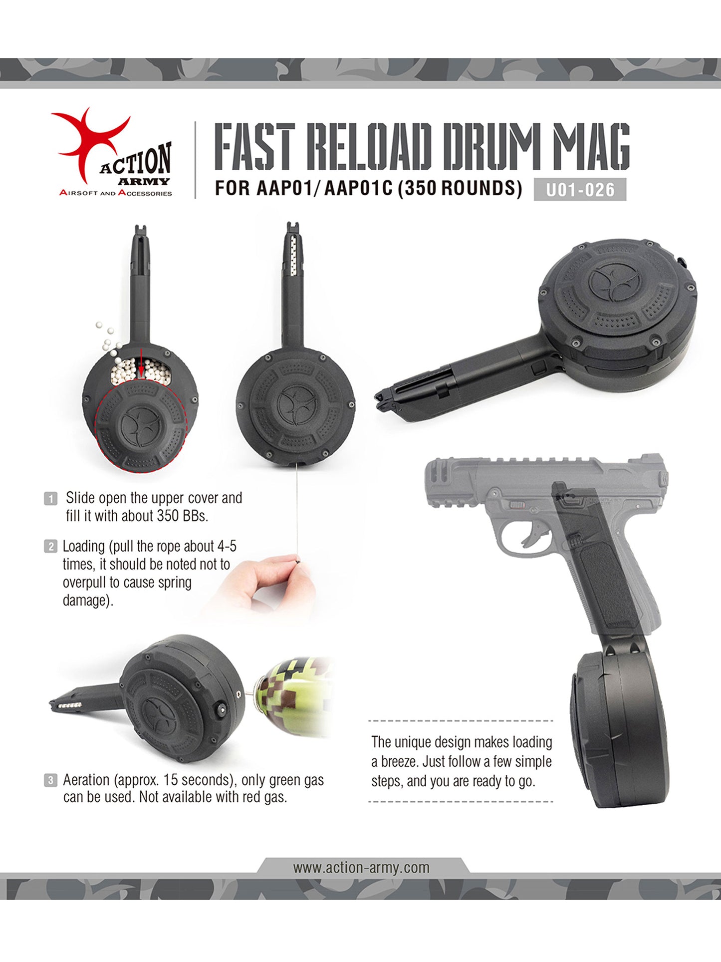 ACTION ARMY AAP-01 / AAP01C シリーズ 用 350連 ガスドラム マガジン .